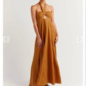 Dissh Verdes Halter keyhole Linen Tie Neck Ruched Maxi dress 2 xs orange brown